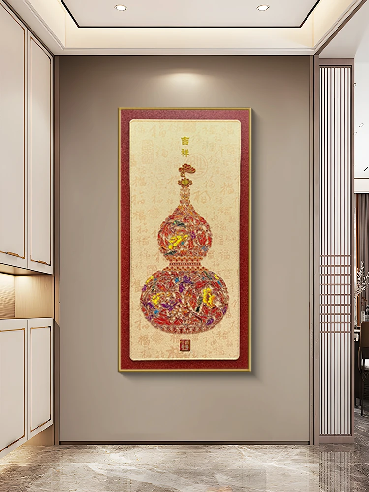 吉祥葫芦高端立体餐厅画烫金肌理画皮革微雕手工玄关画葫芦80160