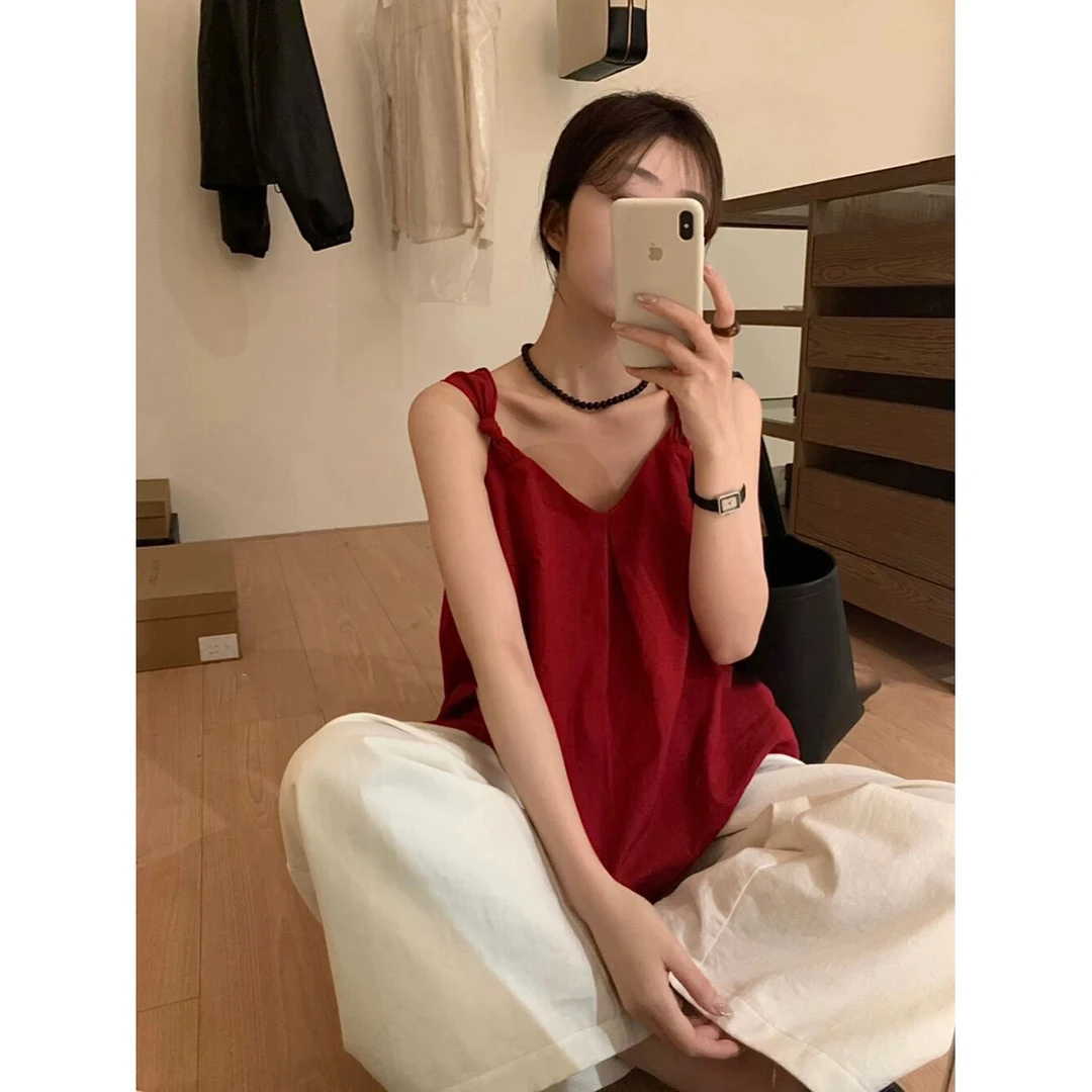 法式气质纯色简约休闲百搭显瘦V领吊带无袖露肩背心上衣6533#lz