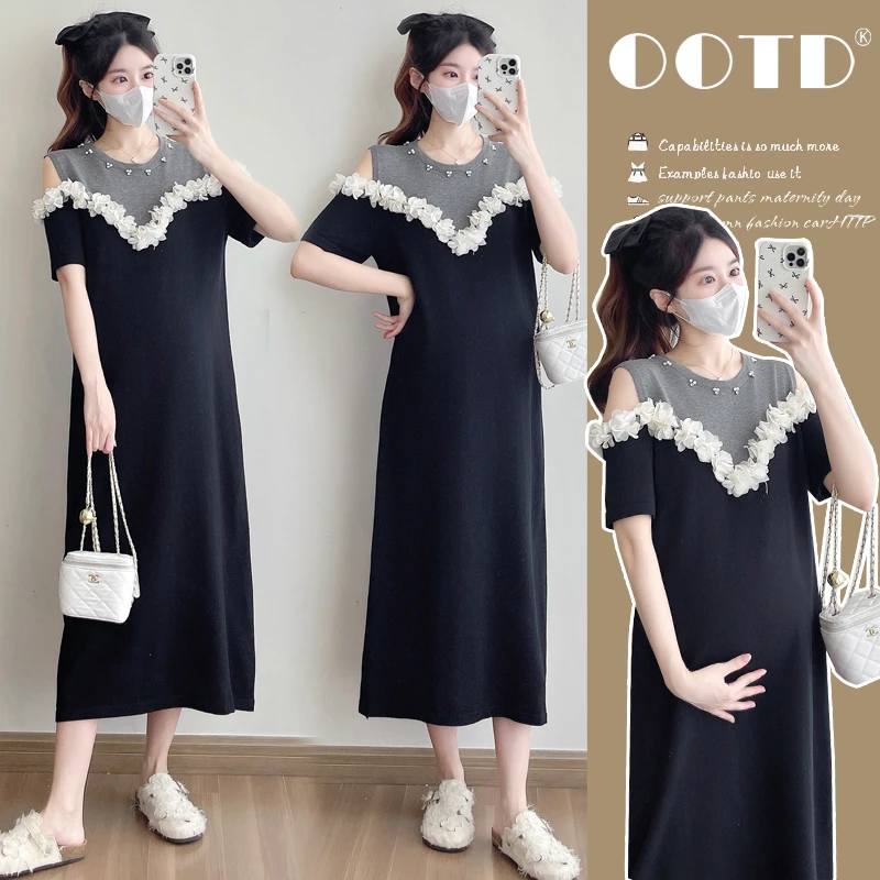 孕妇装夏季宽松显瘦减龄设计感立体装饰露肩针织潮妈连衣裙