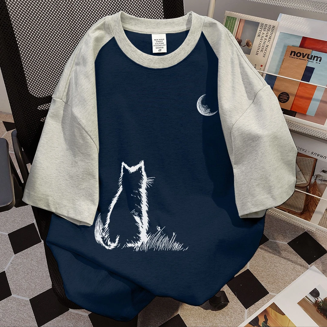 100%纯棉美式设计感猫咪短袖中长款宽松t恤夏季高级情侣款上衣ins