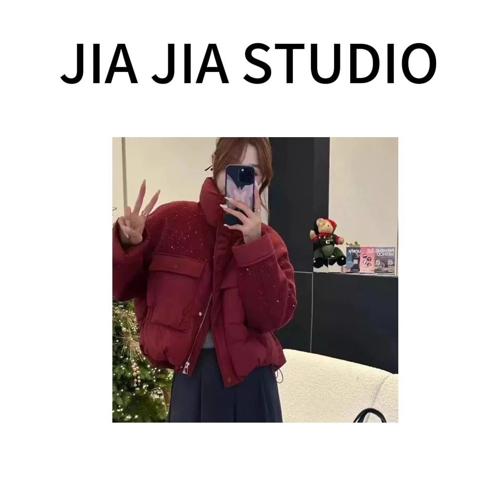 嘉嘉推荐#9941【秋冬加棉加厚款】亮片立领拼接棉服