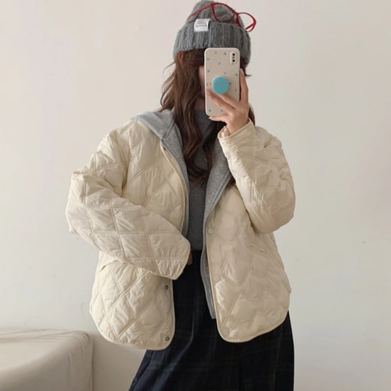 实拍网红情侣男女同款菱形格缝线纯色可拆卸帽卫衣帽棉服外贸棉衣