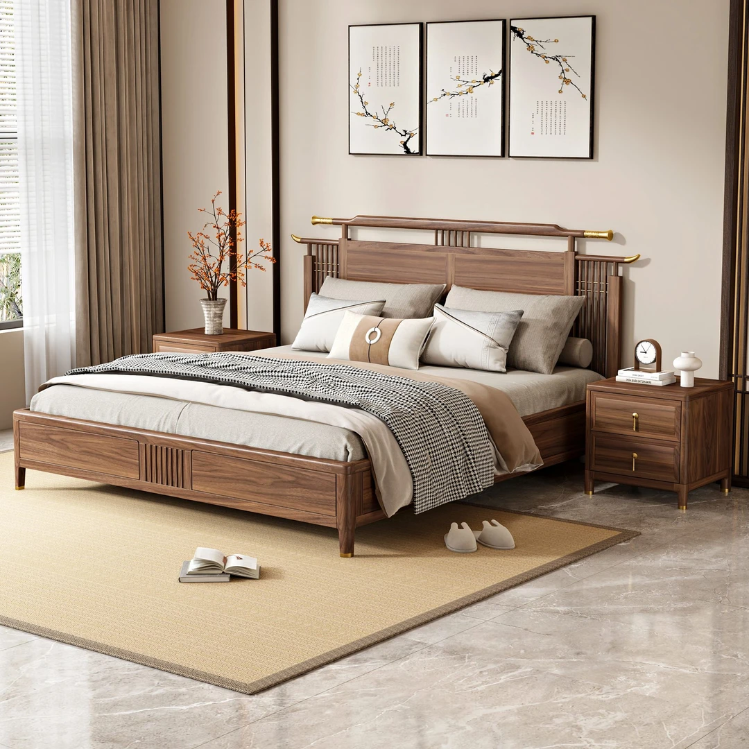 北美黑胡桃木床高级感主卧双人床新中式卧室现代简约全实木床定制