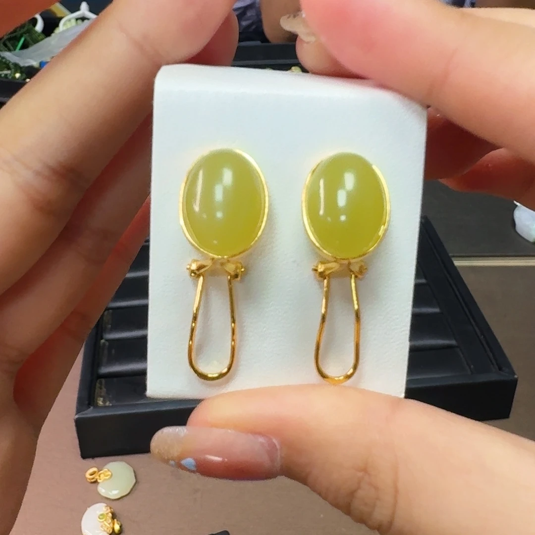 和田玉银S925镶嵌耳饰冰黄口耳夹卡14 10