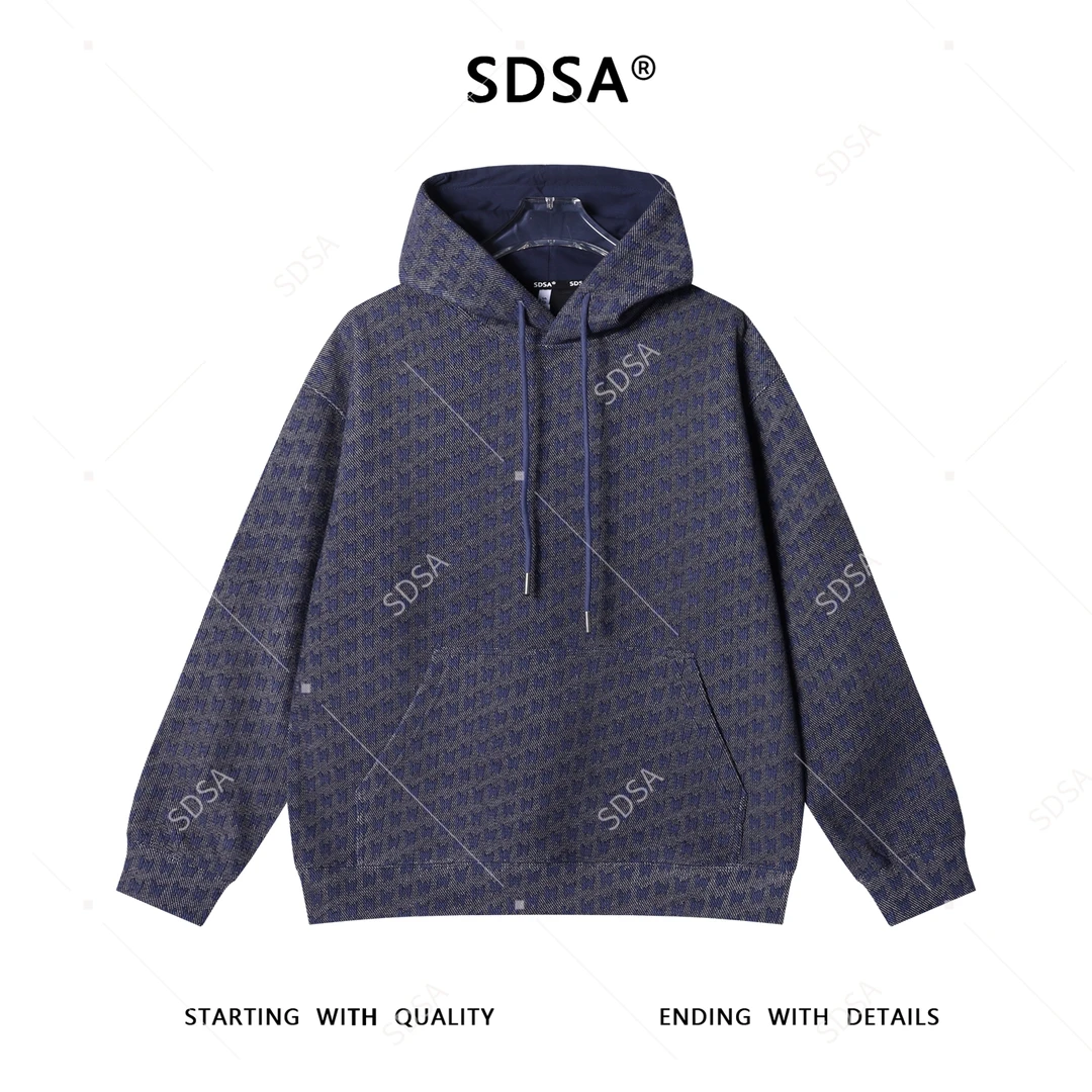 SDSA男士秋冬新款痞帅男装美式满印撞色印花抽绳连帽卫衣时尚宽松