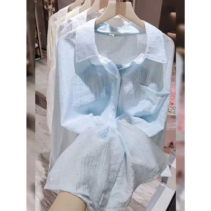 B48长袖防晒衬衫女中长款超仙设计感上衣洋气开衫POLO领外套