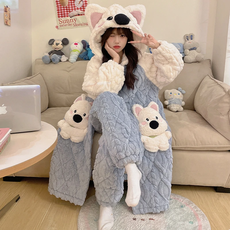 厚款睡袍女秋冬季三层夹棉加厚加绒保暖大码可外穿连帽睡衣家居服