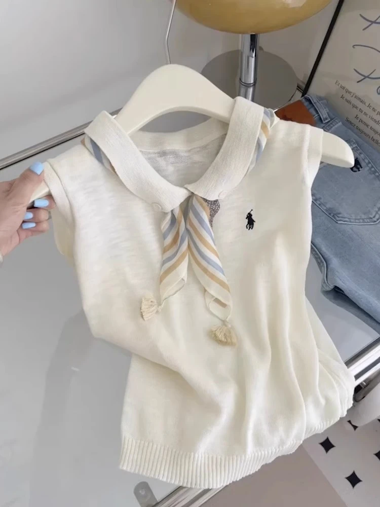 韩系polo领刺绣丝巾针织背心女2025年夏季新款百搭显瘦无袖上衣潮