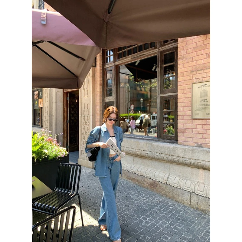 复古牛仔气质套装百搭基础背心吊带翻领长袖衬衫百搭显瘦直筒长裤