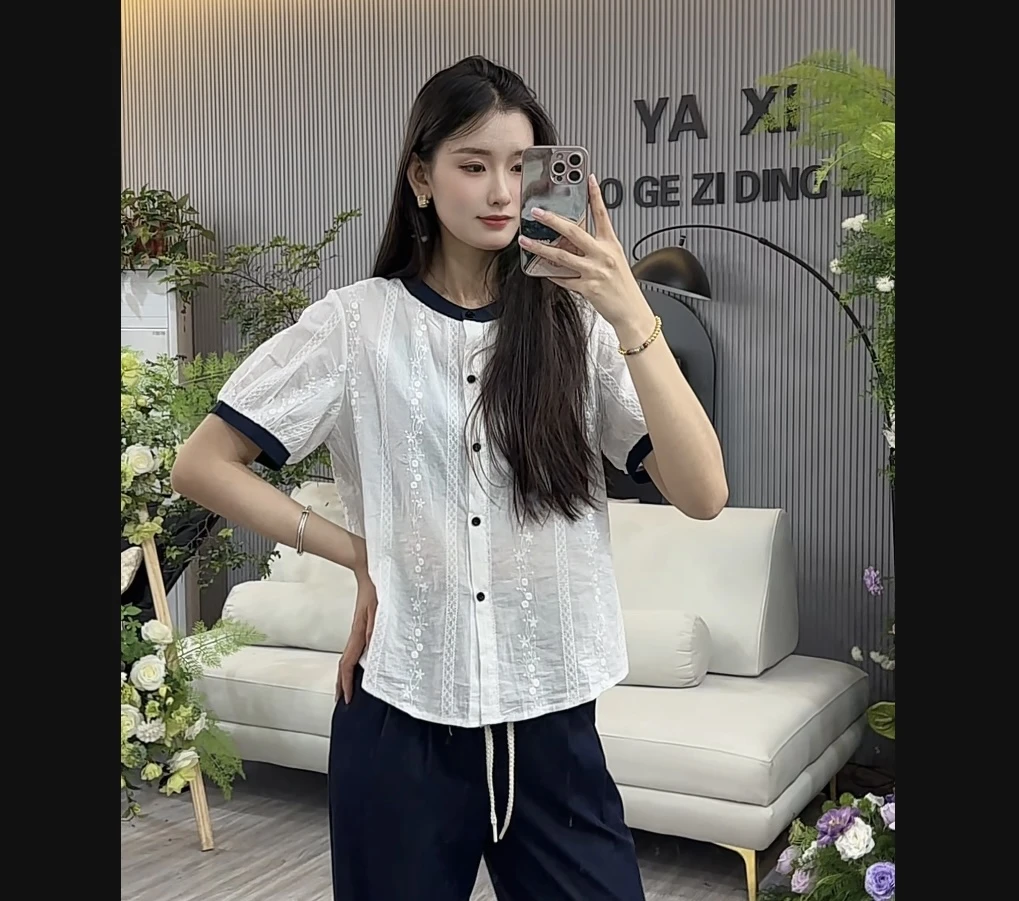 大妍定制~【新潮刺绣】2570撞色短袖衬衫显瘦韩版夏季薄款休闲T恤