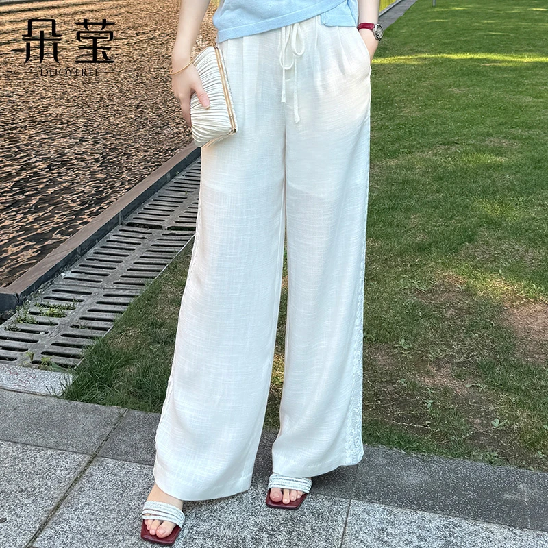 休闲纯色蕾丝拼接款中年女时尚高腰显瘦直筒阔腿裤夏季新款裤子