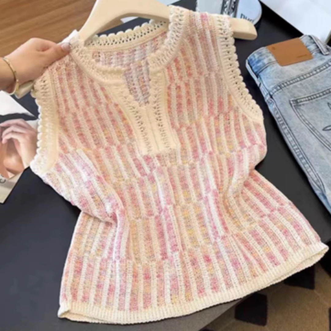 镂空条纹针织背心女2025夏季新款无袖上衣高级薄款穿搭洋气显瘦