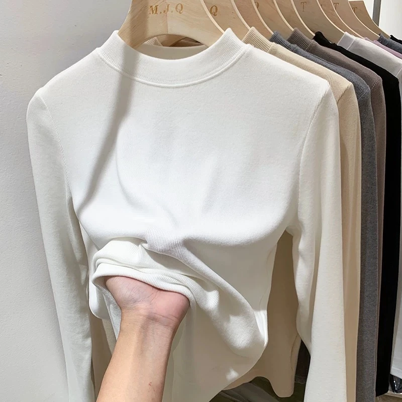 立领打底衫女纯色秋冬新款简约弹力修身显瘦内搭德绒保暖上衣长袖