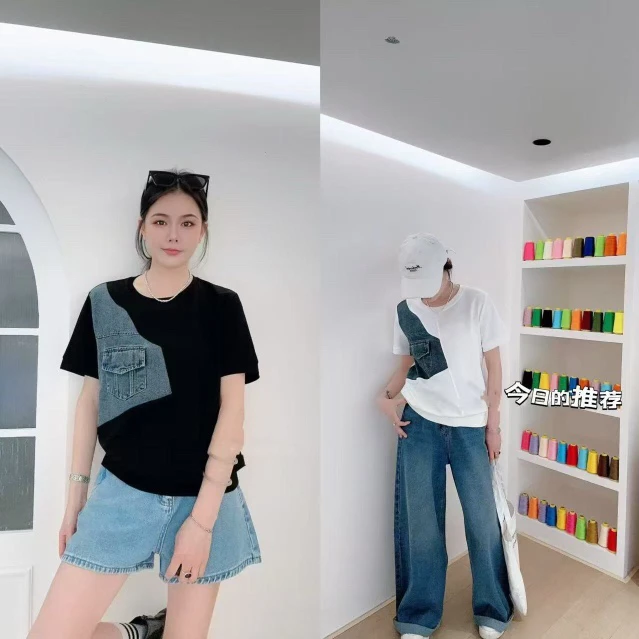 巴韩玲姐家2886时尚百搭韩版圆领宽松潮流撞色牛仔拼接休闲T恤