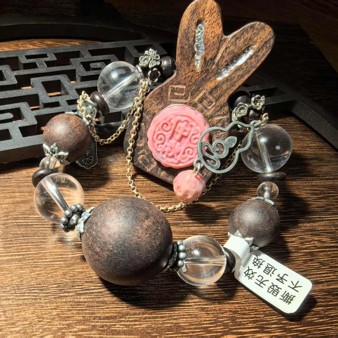 非金属木质手链 原创蔷薇辉中秋月饼兔手串