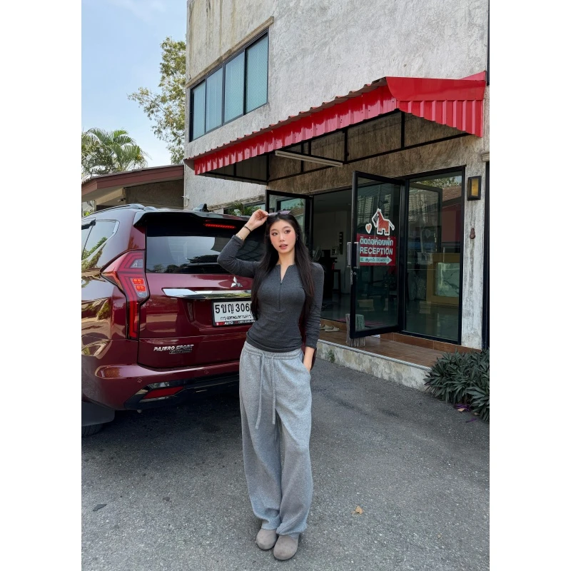 withmin凉皮 美式简约灰色直筒阔腿抽绳弯刀裤休闲裤J2600658