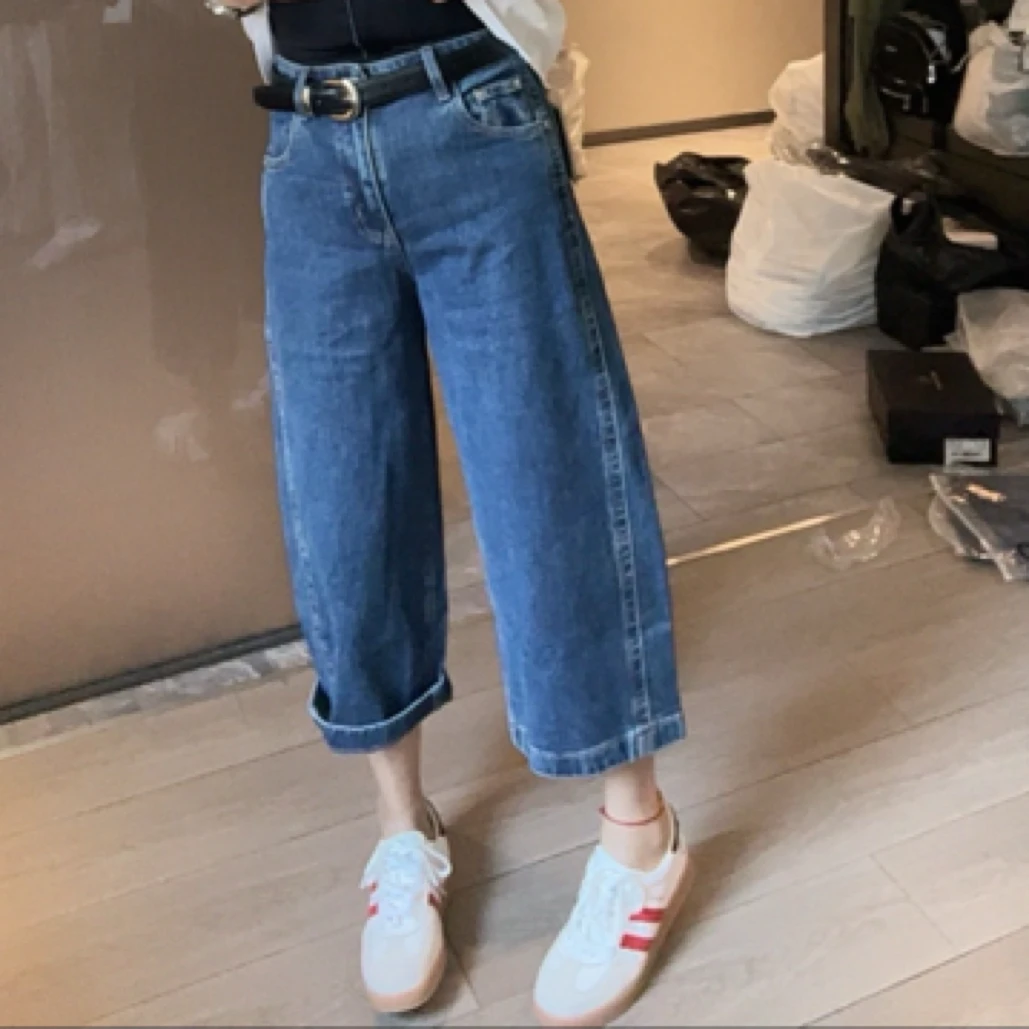 魏佳推荐-春夏深蓝高腰宽松直筒裤女阔腿奶奶八分裤52555
