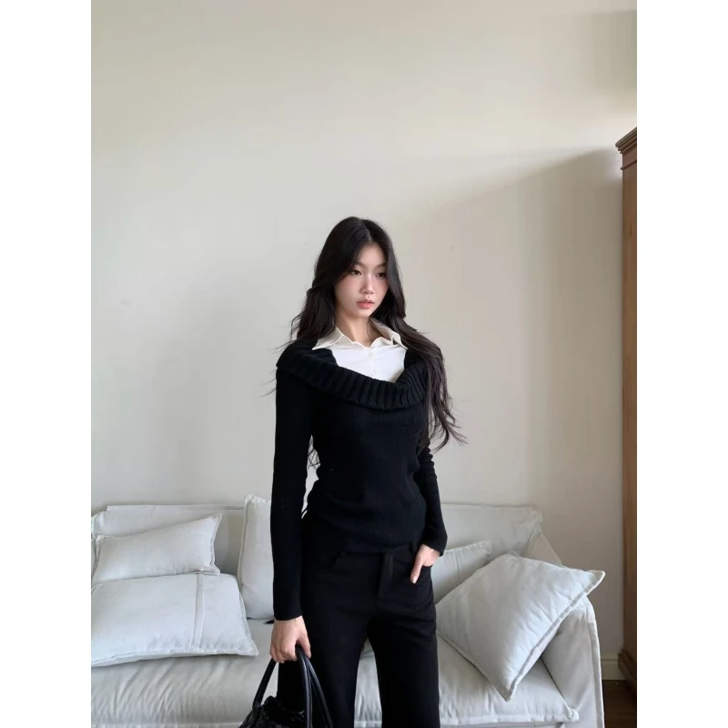 withmin凉皮 天鹅古着 衬衫拼接假两件收腰毛衣针织上衣女2524366