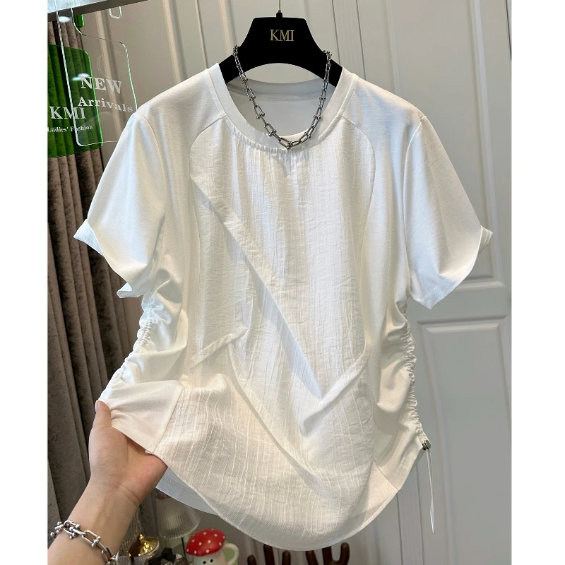 设计感独特白色侧边抽绳褶皱短袖T恤女上衣收腰显瘦修身夏季