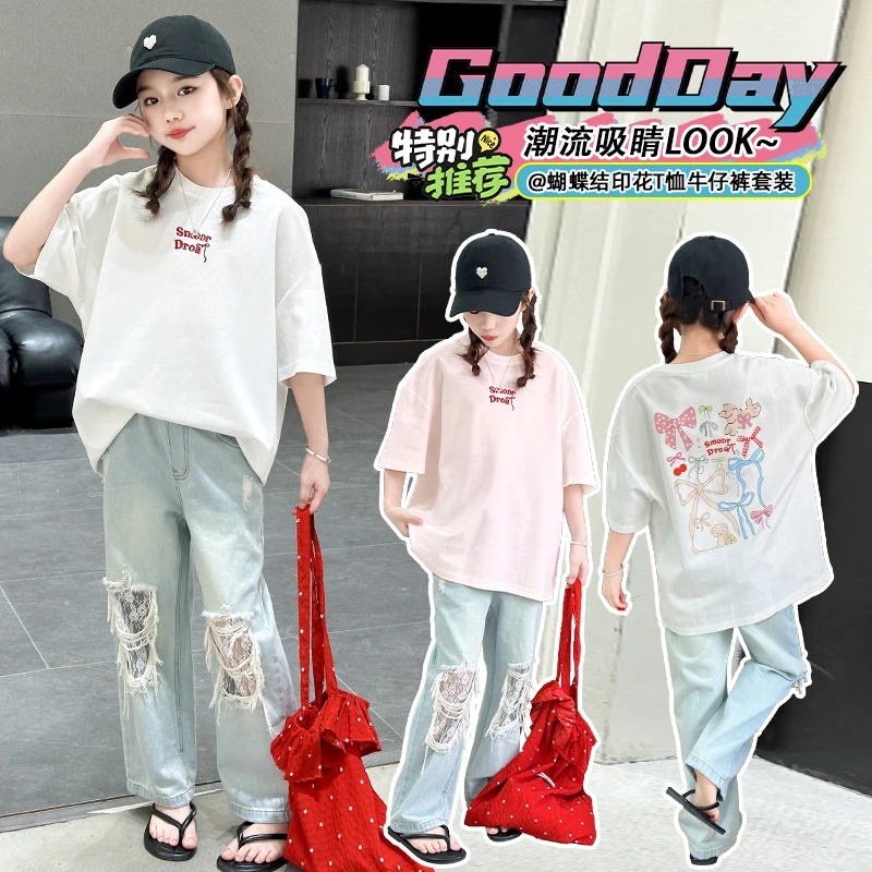 女童夏款2025新款百搭背后蝴蝶结印花短袖蕾丝拼接破洞牛仔裤套装