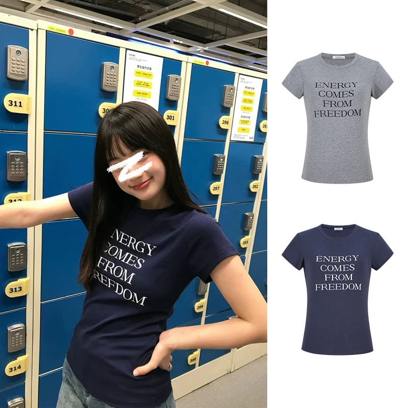 Moses Queen/魔西女王港系chic宝蓝色短袖T恤女夏季修身显瘦上衣