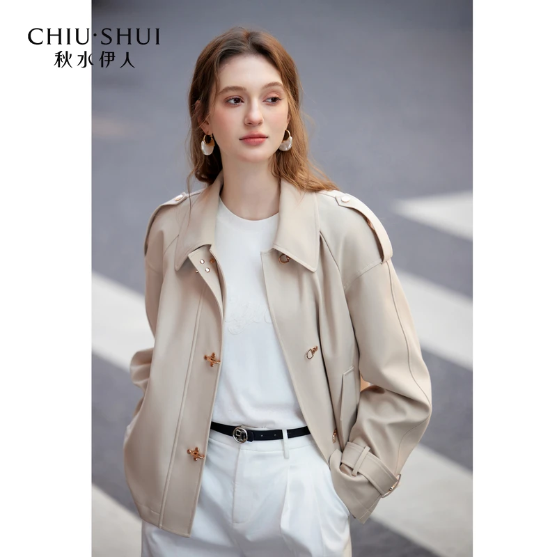 秋水伊人休闲风衣2025年春季新款简约H型翻领外套女625101E110463