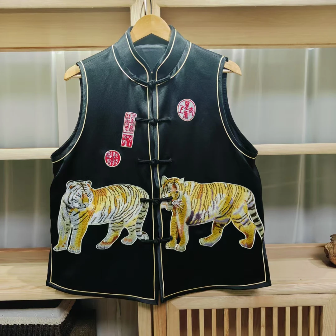 （LS642）凤徕兮私人定制黑底黄色双老虎刺绣对襟盘扣马甲