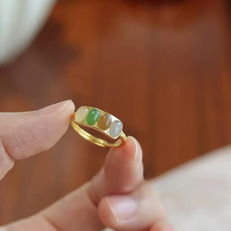 天然和田玉多宝戒指S925银镶精致时尚女士可调节复古