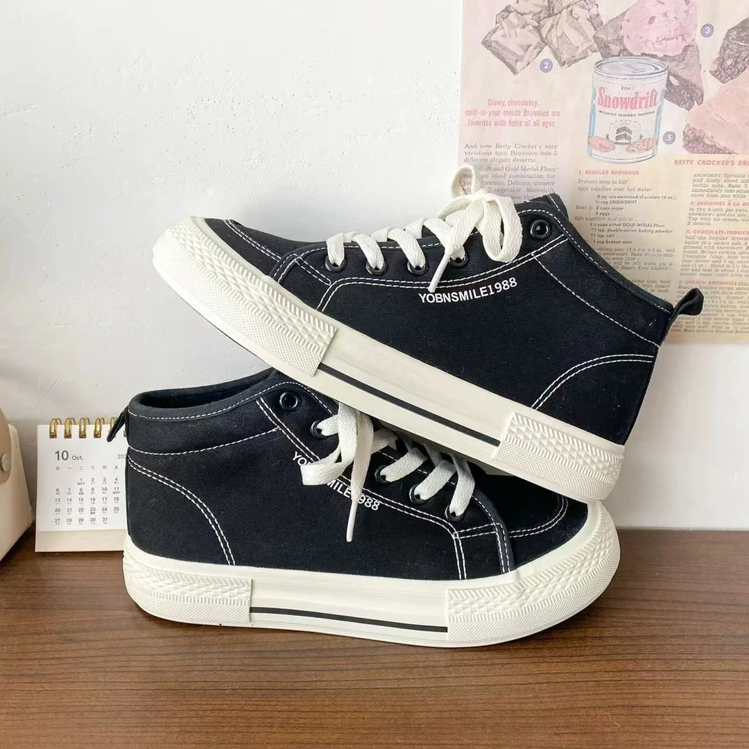 GD33 【主播自留】黑色 加绒高帮帆布鞋女冬季保暖百搭2025新款女鞋