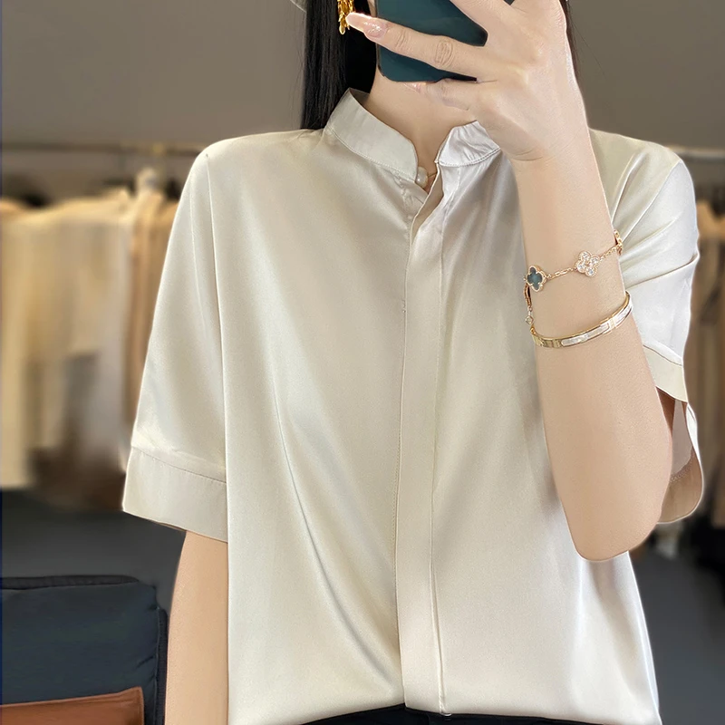 【醋酸缎】掩襟礼服扣新中式设计感立领衬衫-D19