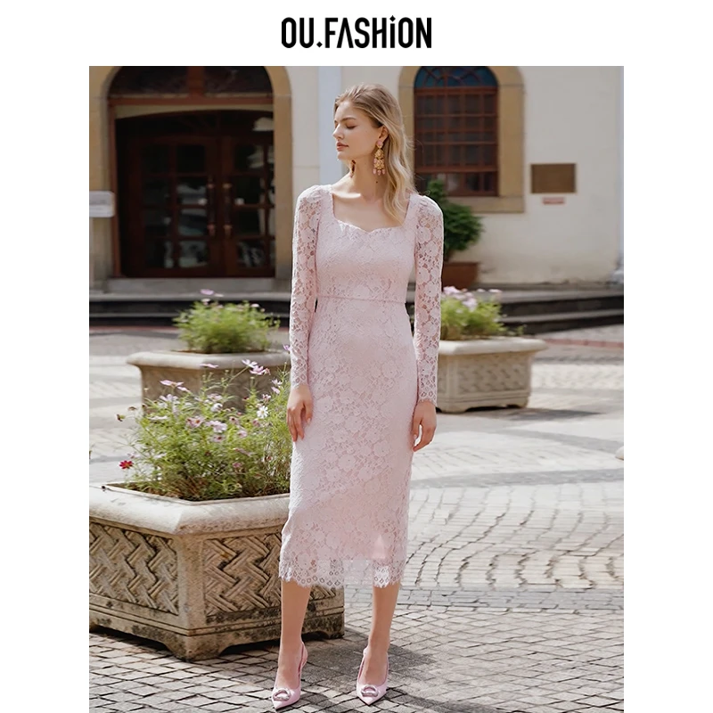 OU.FASHION/欧点细闪珠片方领蕾丝连衣裙轻奢长裙1122410433