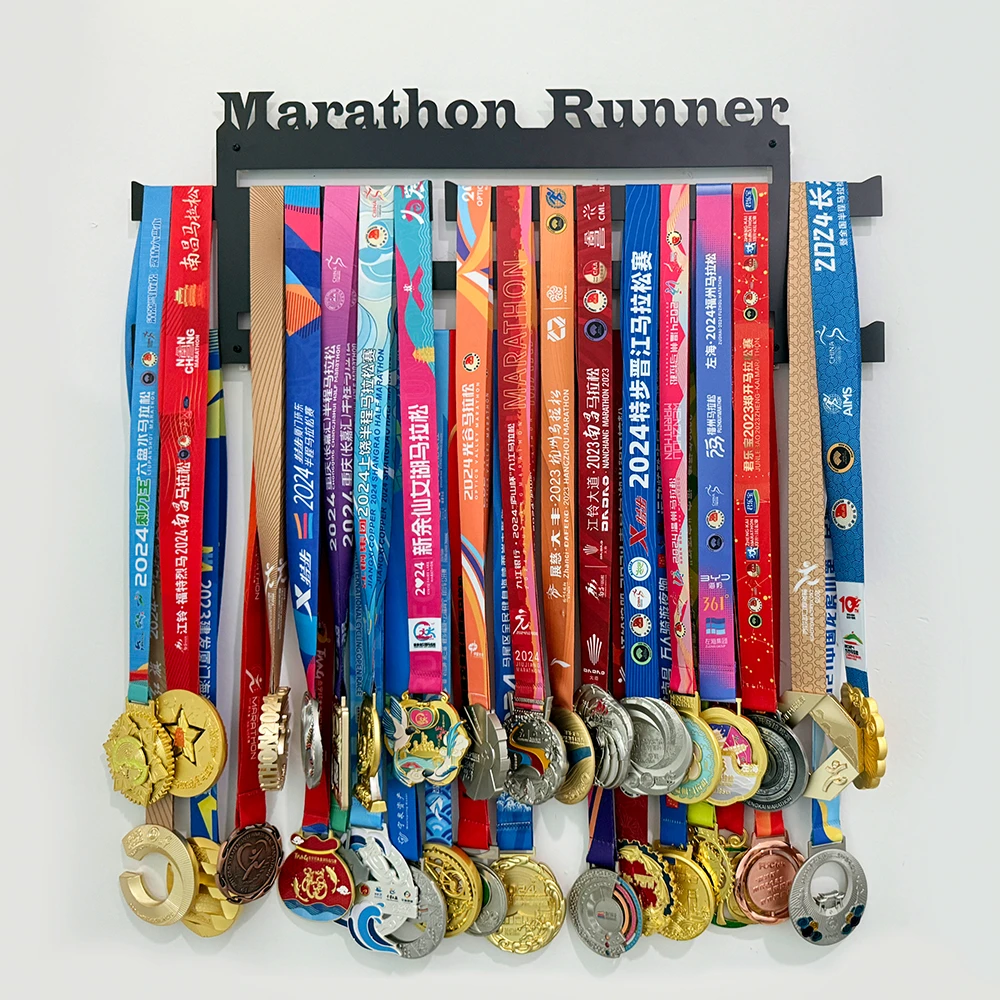 原创大批量完赛奖牌超长金属挂架马拉松自行车越野铁三双层墙挂