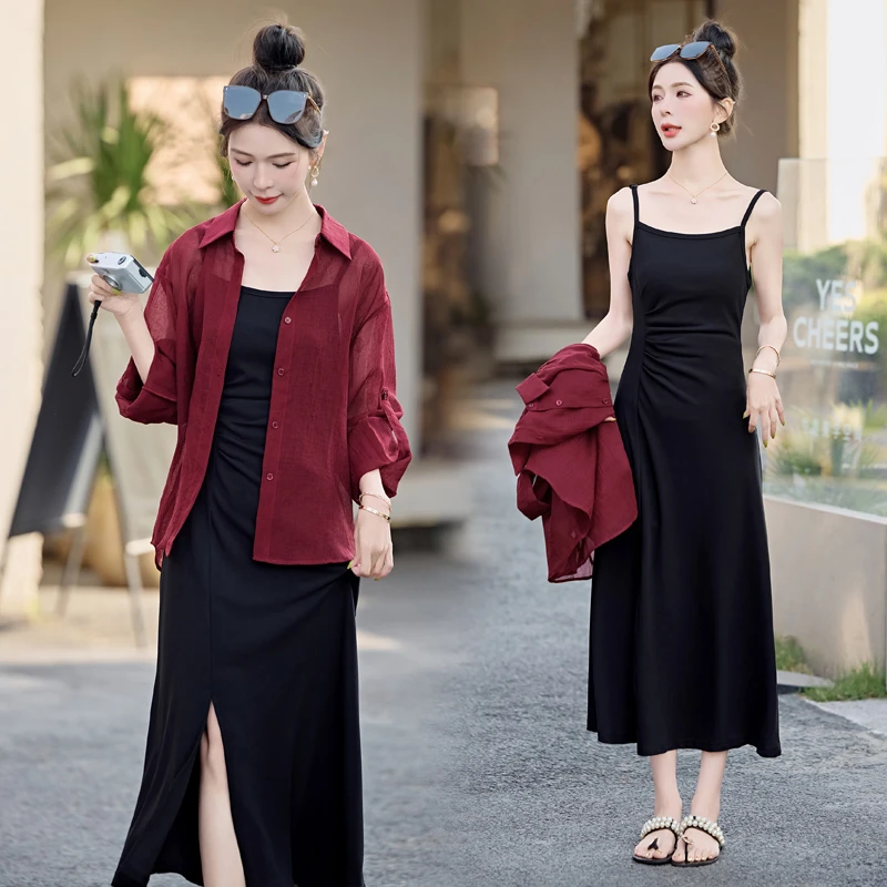 休闲时尚防晒衬衫吊带裙套装女2025夏季新款洋气减龄连衣裙两件套