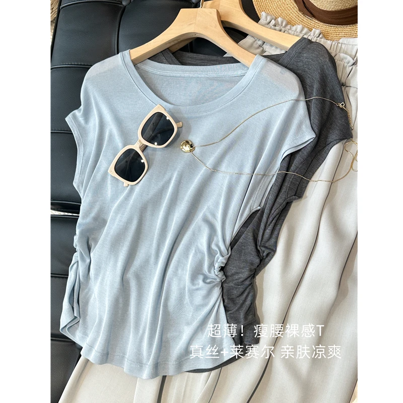 超薄！瘦腰裸感T~莱赛尔抽褶收腰显瘦短款T恤圆领短袖女夏新
