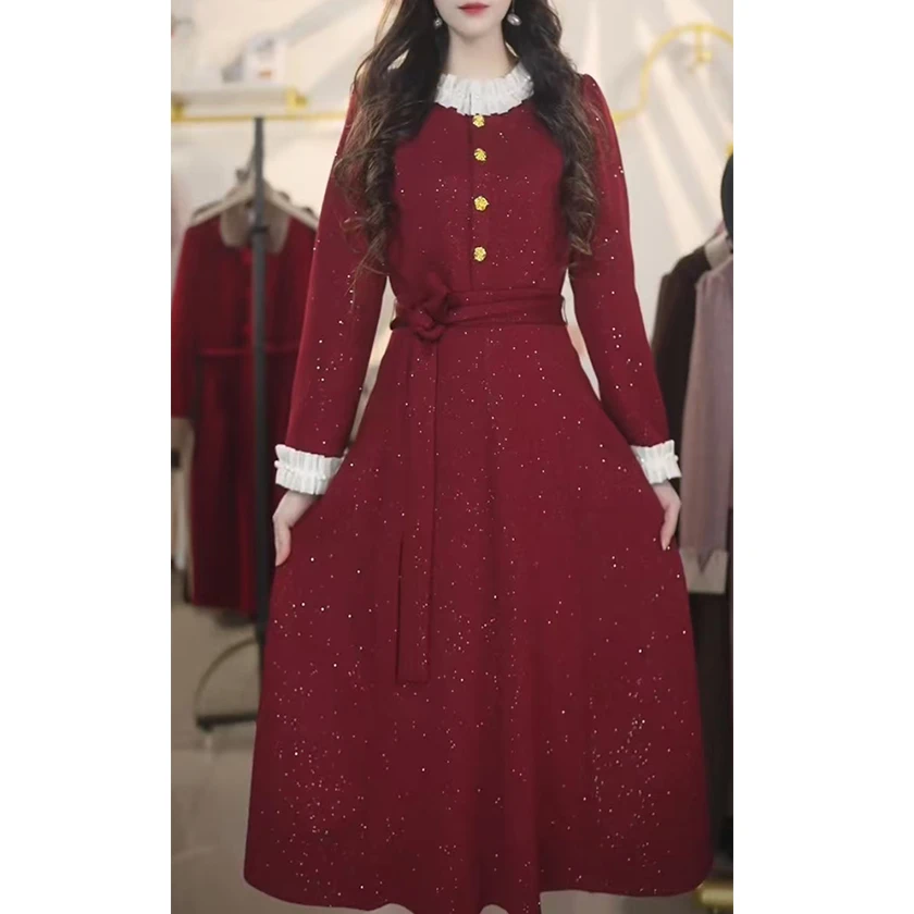 L7142红色中长款大码法式连衣裙气质收腰遮字气质显瘦连衣裙女