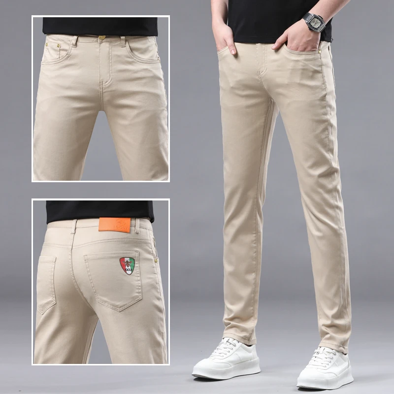 新款高端卡其色天丝牛仔裤男夏季修身小脚弹力韩版百搭休闲裤子