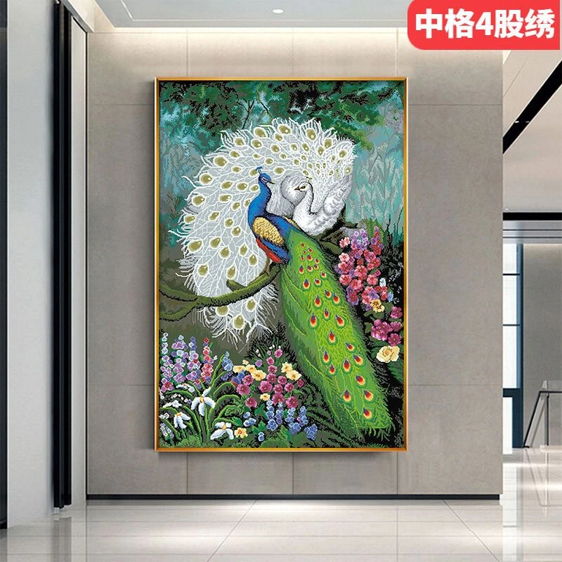 卡卡孔雀自己四股线绣手工满绣绿光森林刺绣手工绣玄关竖版新款