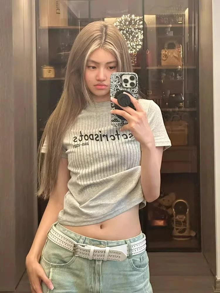 美式复古短袖T恤女夏季前后印花修身显瘦33数字韩版小众设计感ins