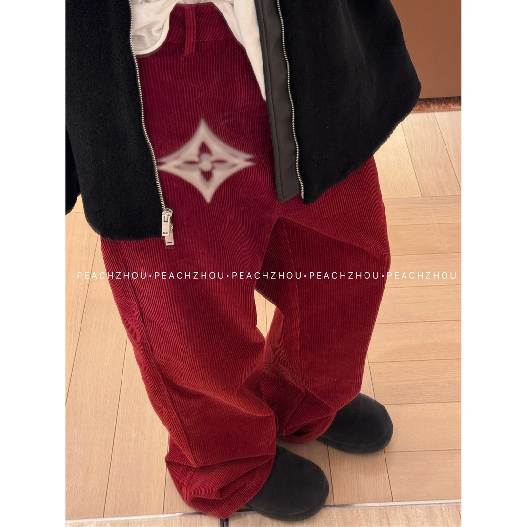 『PEACHZHOU』复古红色灯芯绒坑条宽松直筒休闲裤法式简约洋气长裤
