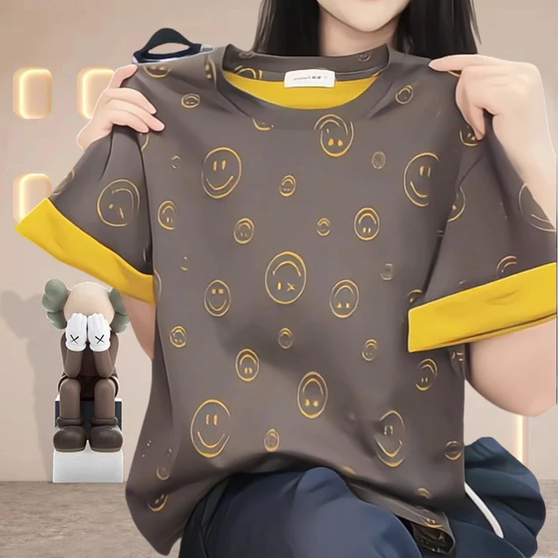 【纯棉】小众炸街网红洋气2025夏款满印笑脸短袖t恤女洋气显瘦上衣