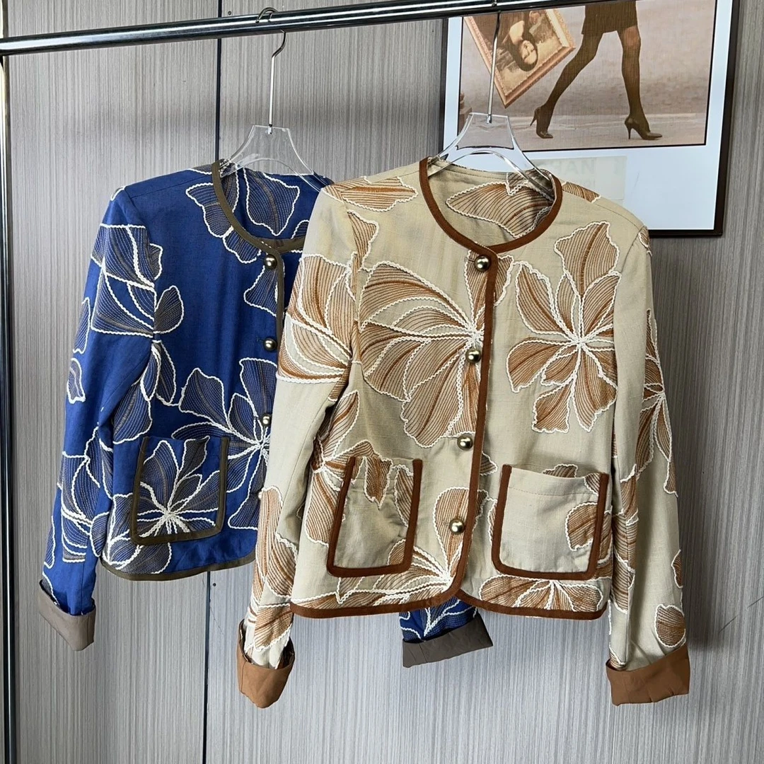 6638撤柜XQ提花刺绣圆领绣花短款中式外套国风2025新款时尚上衣