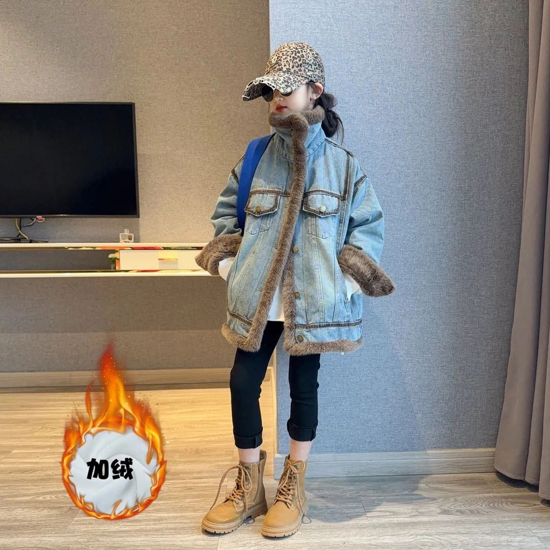 女童复古港风牛仔外套秋冬装儿童时髦洋气加绒加厚夹克大童冬装潮