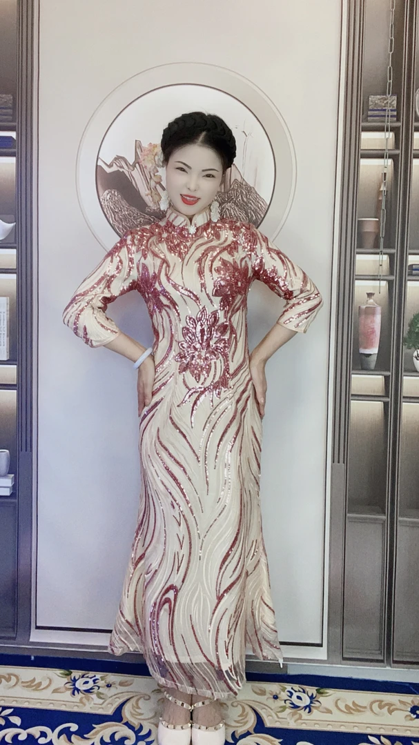 小米旗袍重工刺绣长款亮片旗袍