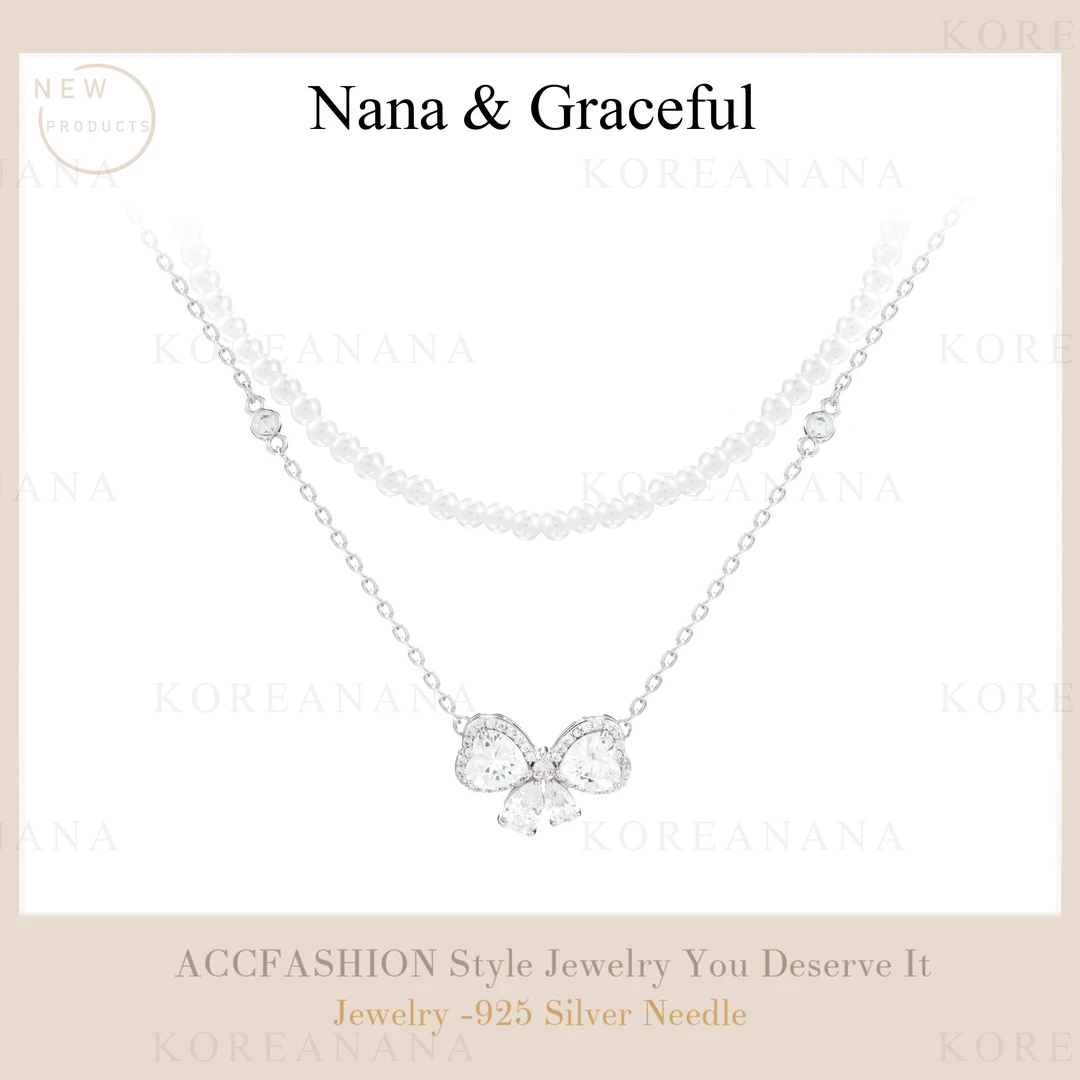 铜合金仿珍珠项链 「粉心甜蜜结」双层套链！轻奢甜美蝴蝶结项链E343