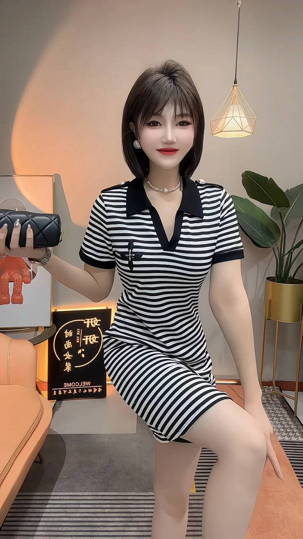 2025夏季新款时尚百搭气质修身显瘦条纹短袖POLO领连衣裙小个子女
