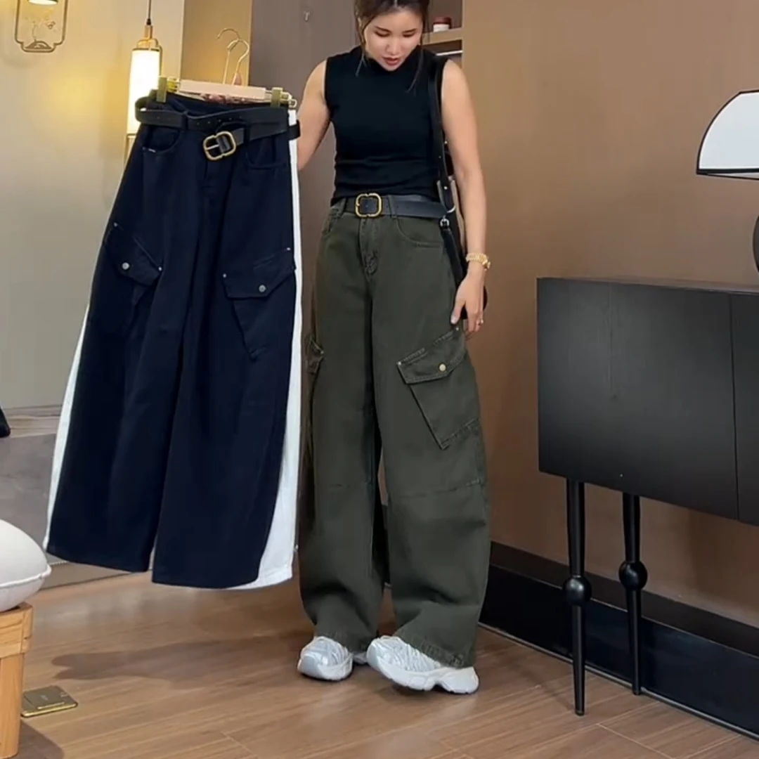 美式2025早秋大口袋洋气减龄弯刀女工装裤宽松显瘦高街阔腿休闲裤