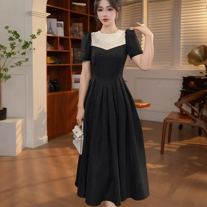 Y【沐紫】时尚气质连衣裙女夏季新款黑色高级感收腰显瘦大摆裙D1285