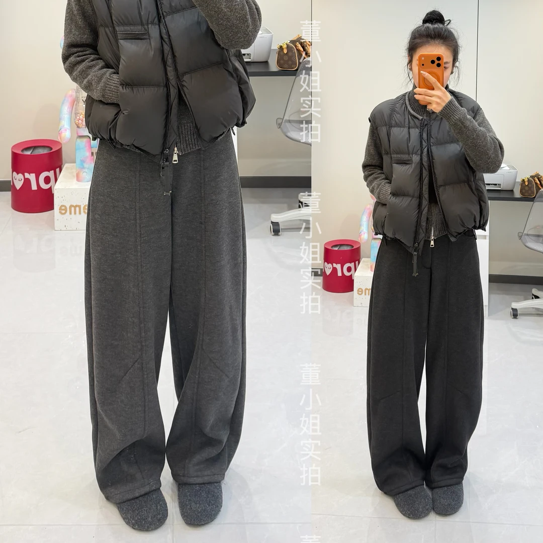 羊毛毛呢裤女加绒加厚高腰宽松西装阔腿裤直筒休闲弯刀裤加绒裤