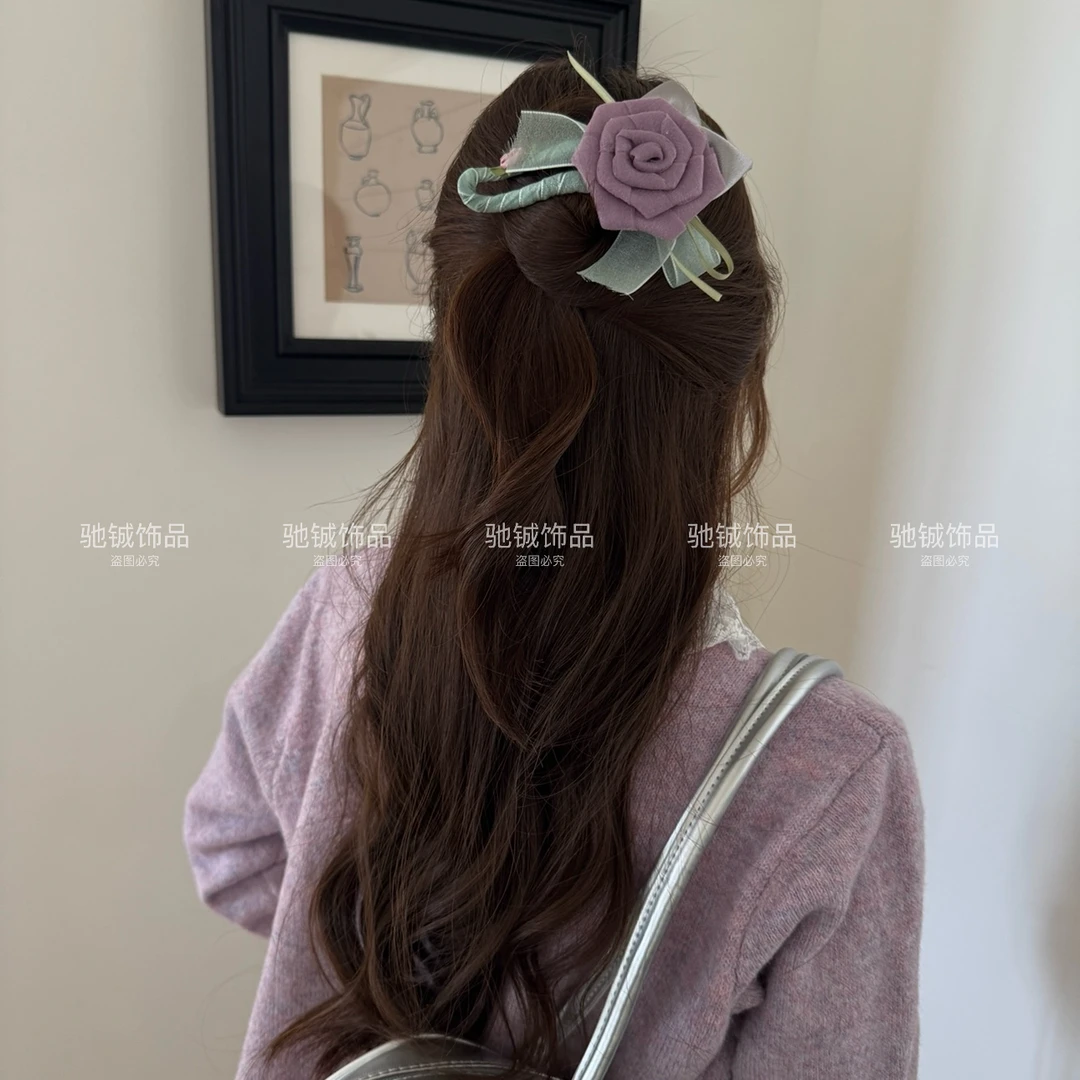 森系玫瑰～仙气仿真花朵鸭嘴夹后脑勺半披发发夹大号气质鲨鱼夹