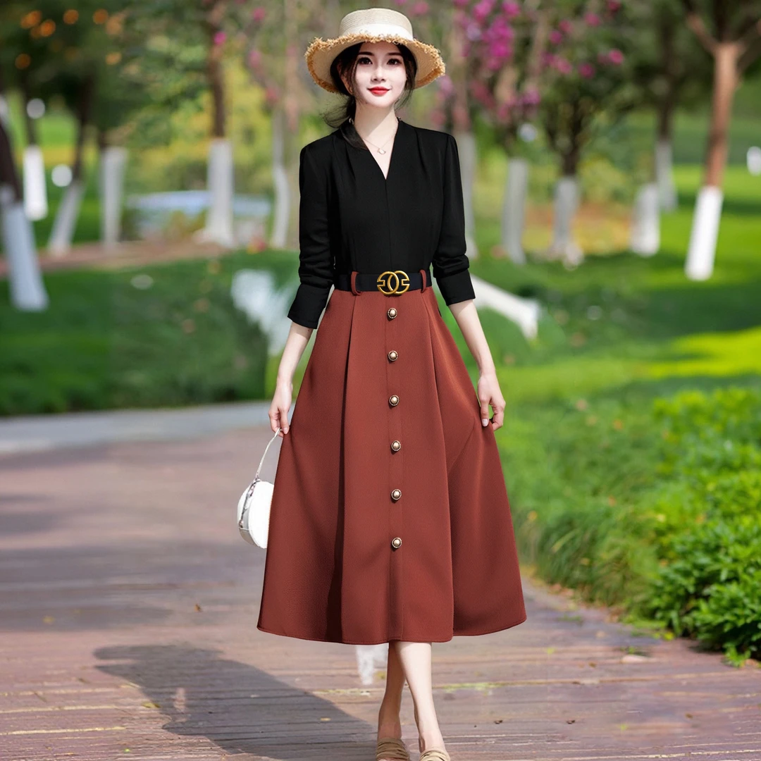 B2025新款春季女装连衣裙收腰褶皱裙子显瘦气质时尚长裙子2086